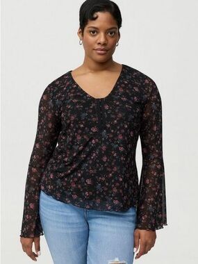 torrid Black Floral V-Neck Sheer Long-Sleeve Blouse size 1x